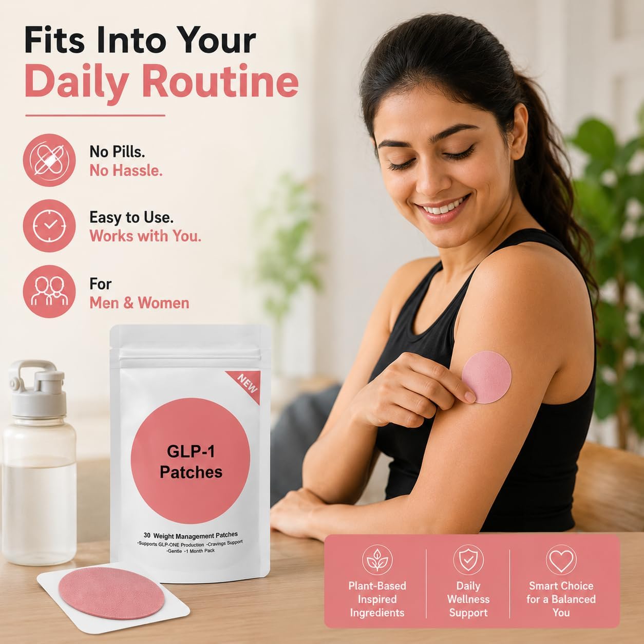 Woman applying a LeviaPatch GLP-1 patch to her upper arm